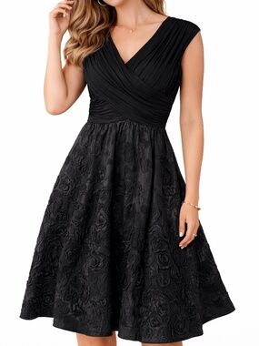 Adrianna Papell Black Fit Flare Cocktail Dress Petite 2 Taffeta Wedding